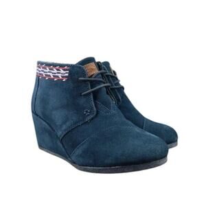 Toms Shoes Womens 6.5 Bootie Wedge Desert Suede Blue Chukka Lace Up Kala Classic